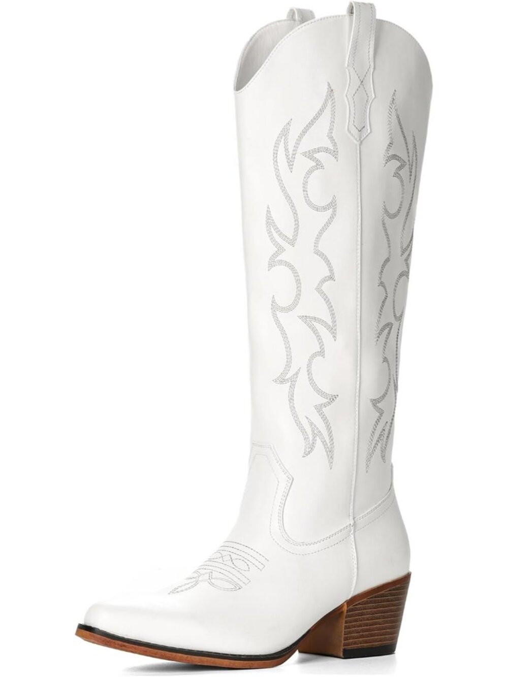 Women's White Embroidered Pull On Casual Low Heel Pointed Toe Cowgirl Boot